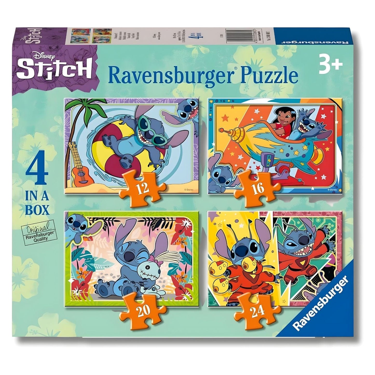 Puzzle Disney Stitch 4 em 1 com ilustrações coloridas do Stitch em aventuras divertidas e momentos ternurentos