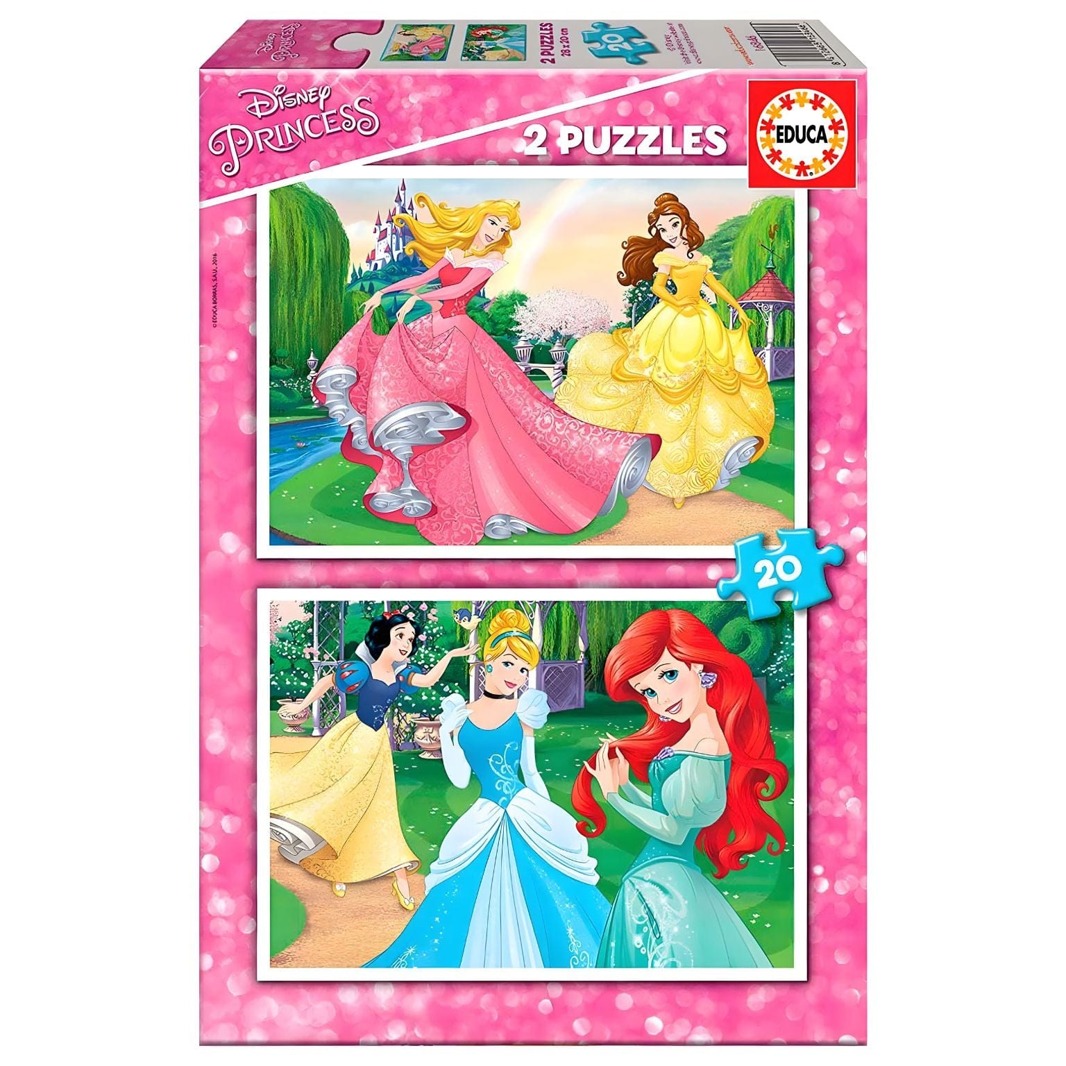 Puzzle Princesas Disney 2 x 20 peças com ilustrações coloridas de princesas Disney em cenário de jardim encantado