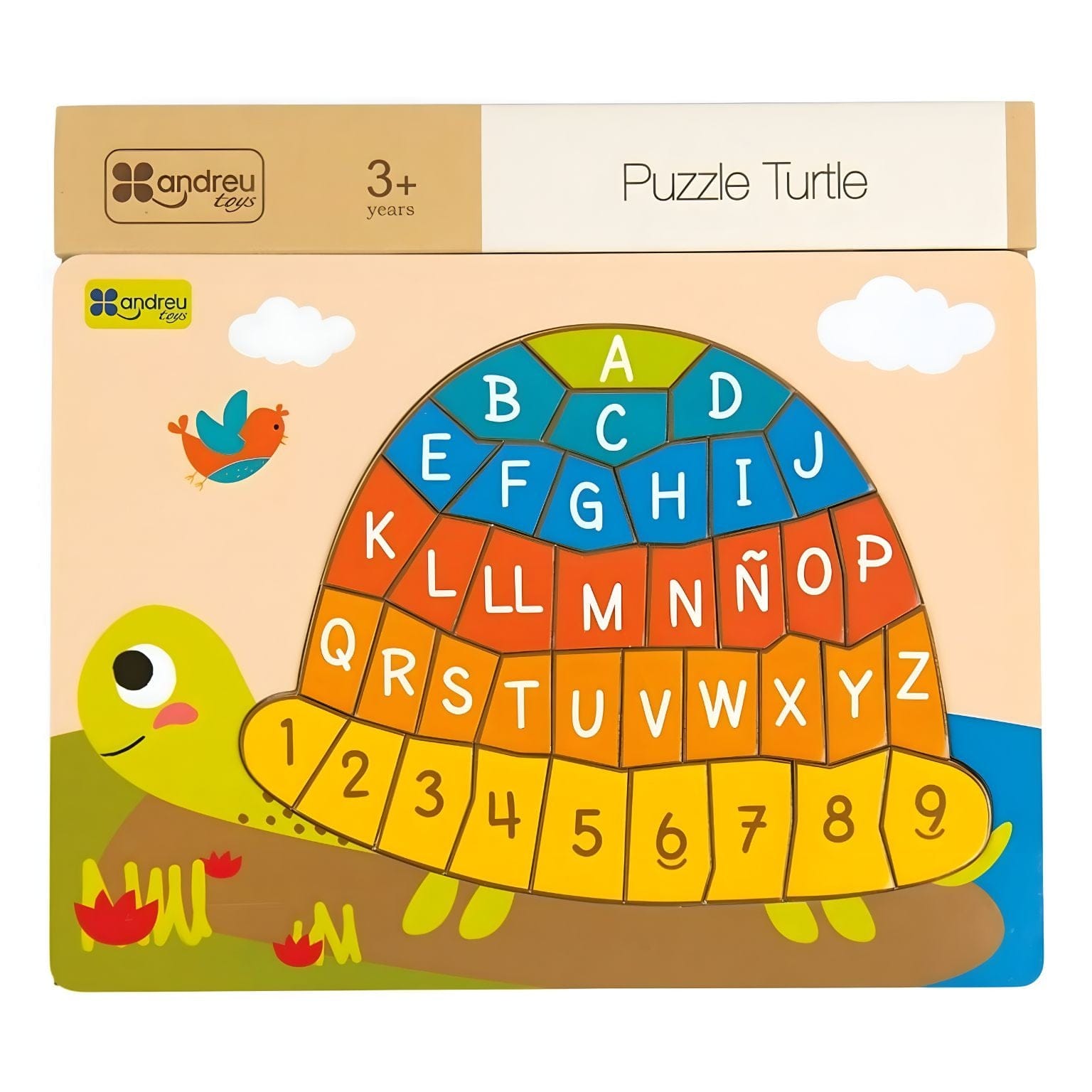 Puzzle Tartaruga Abecedário e números Andreu Toys com letras e números coloridos