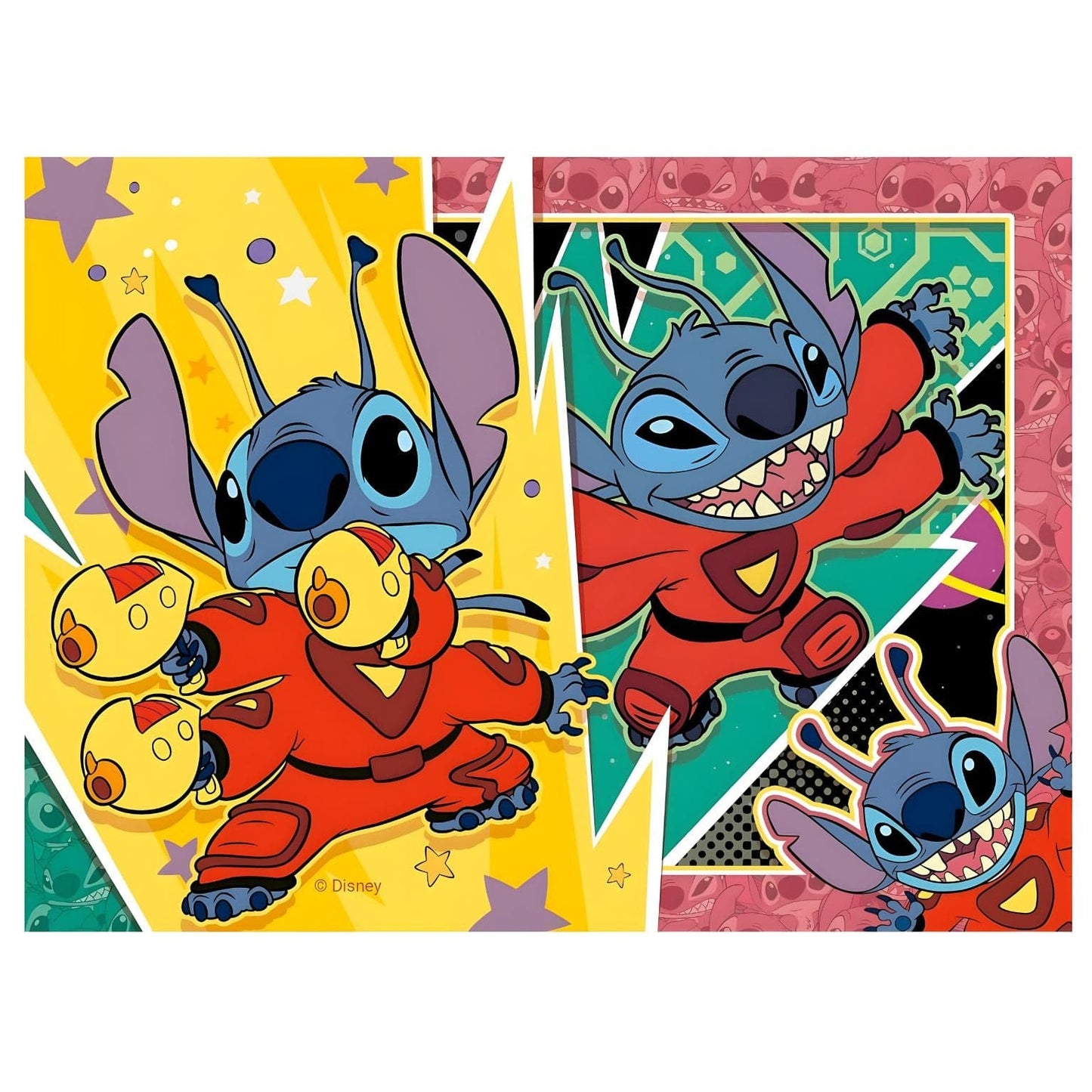 Puzzle Disney Stitch 4 em 1 com ilustrações coloridas do Stitch em aventuras divertidas e momentos ternurentos