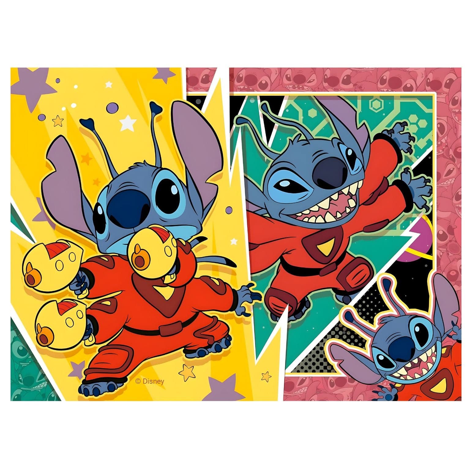Puzzle Disney Stitch 4 em 1 com ilustrações coloridas do Stitch em aventuras divertidas e momentos ternurentos