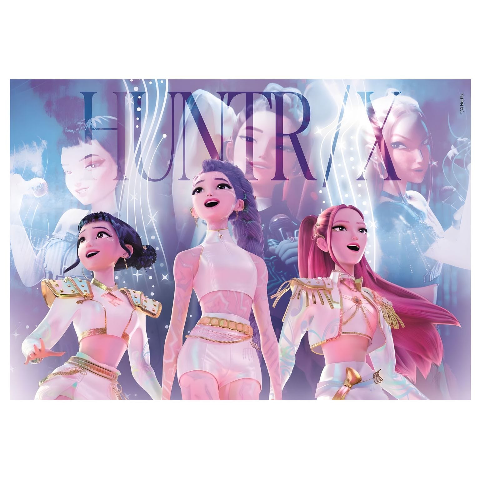 Puzzle K-Pop Demon Hunters com três personagens em palco de tons lilás e rosa