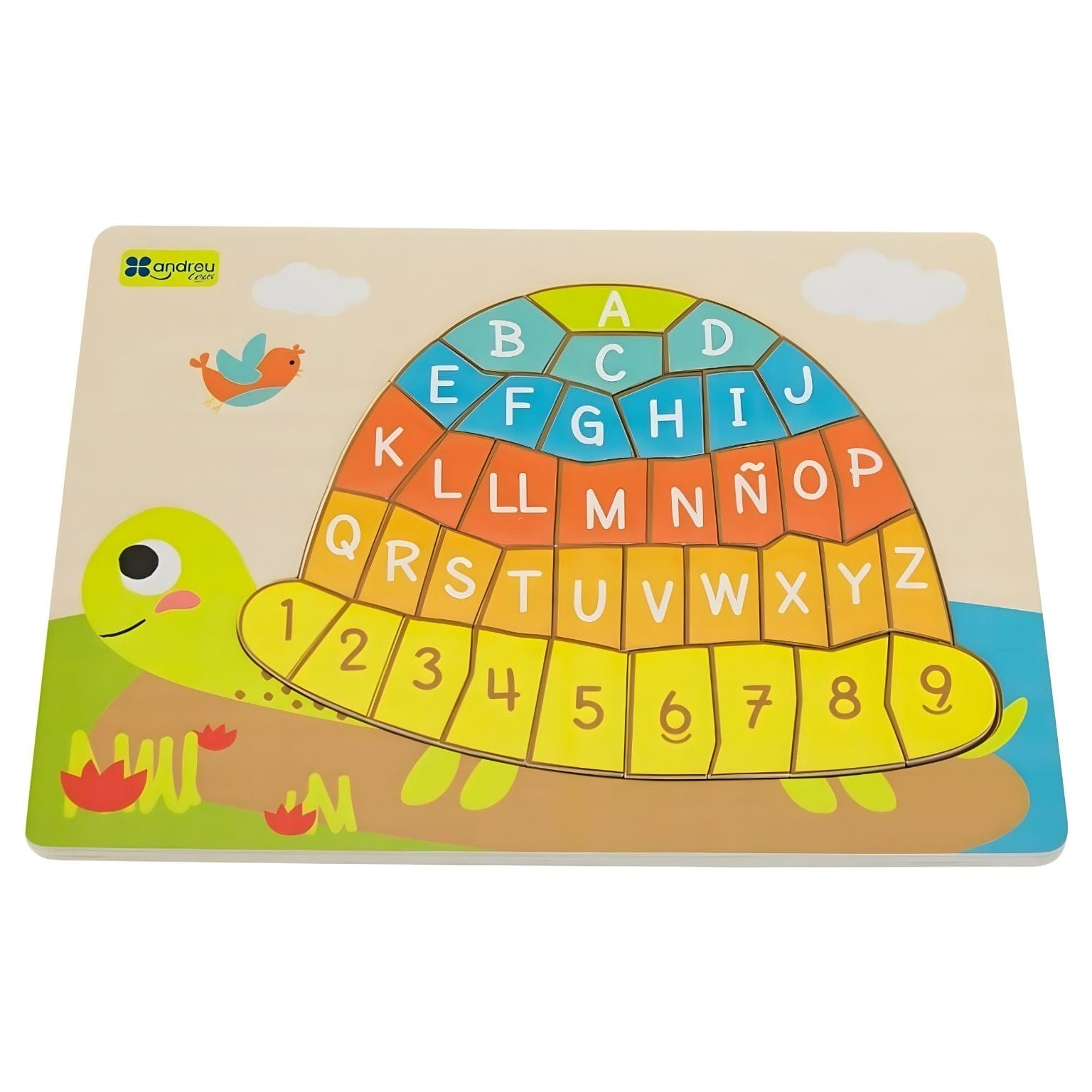 Puzzle Tartaruga Abecedário e números Andreu Toys com letras e números coloridos