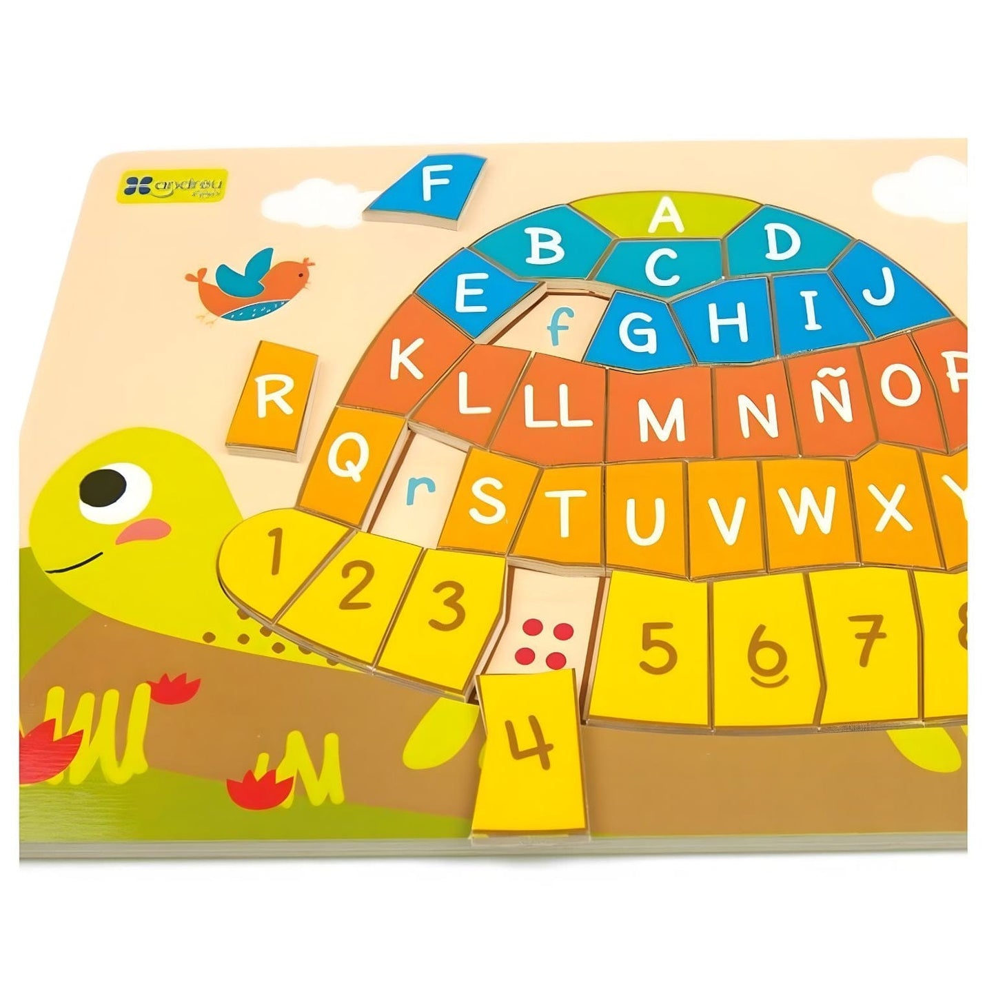 Puzzle Tartaruga Abecedário e números Andreu Toys com letras e números coloridos