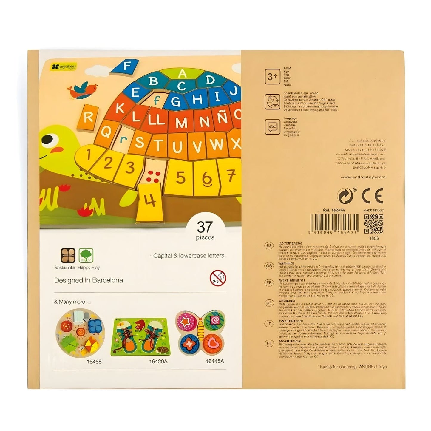 Puzzle Tartaruga Abecedário e números Andreu Toys com letras e números coloridos