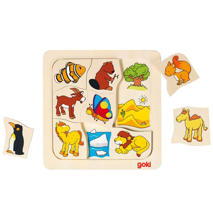 Puzzle madera Dónde vivo de Goki con animales y hábitats para asociación infantil