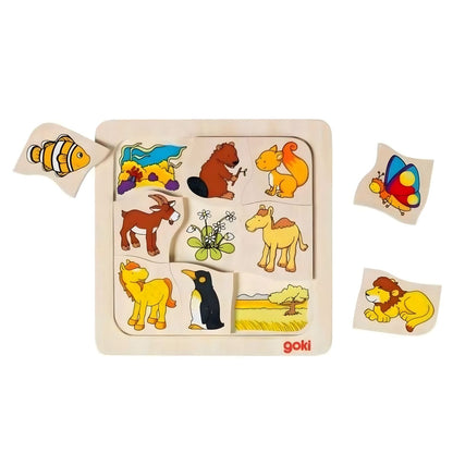 Puzzle madera Dónde vivo de Goki con animales y hábitats para asociación infantil