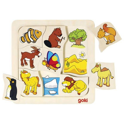 Puzzle madera Dónde vivo de Goki con animales y hábitats para asociación infantil