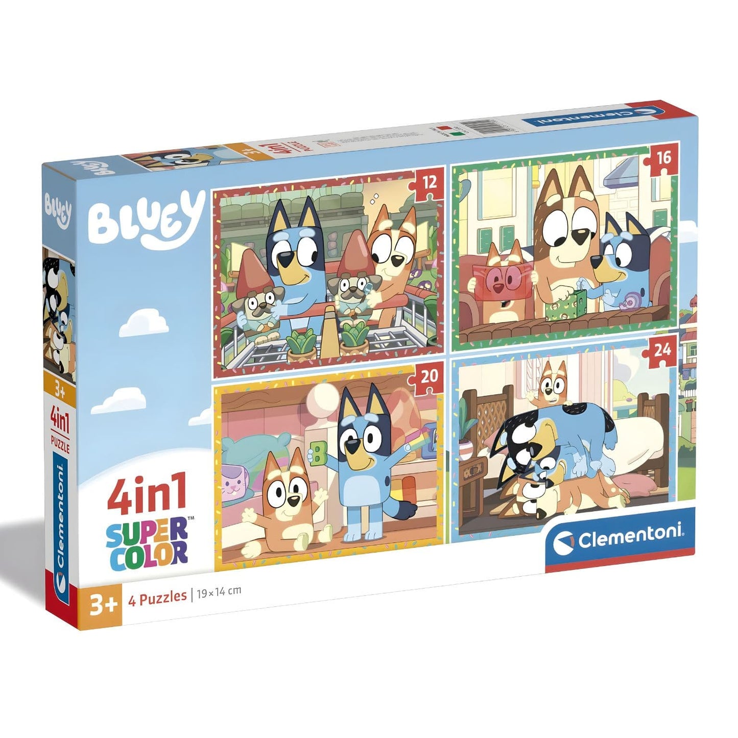 Puzzle Bluey 4 em 1 com várias cenas coloridas da Bluey