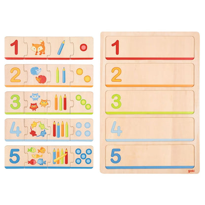 Puzzle educativo de contagem com desenhos de animais, lápis e pontos coloridos