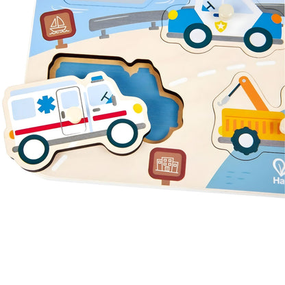 Puzzle de agarre Hape con ambulancia, bomberos y vehículos de socorro