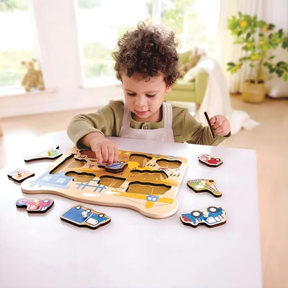 Puzzle de vehículos de construcción Hape para asociación de formas