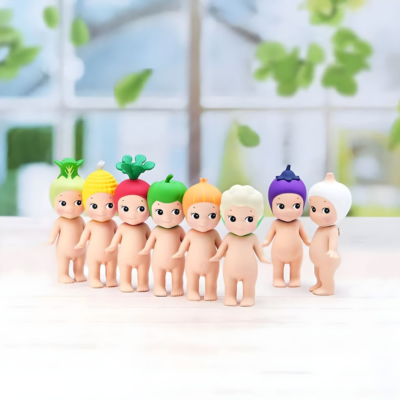 Mini figuras Sonny Angel série Vegetais com chapéus de legumes coloridos e expressão delicada