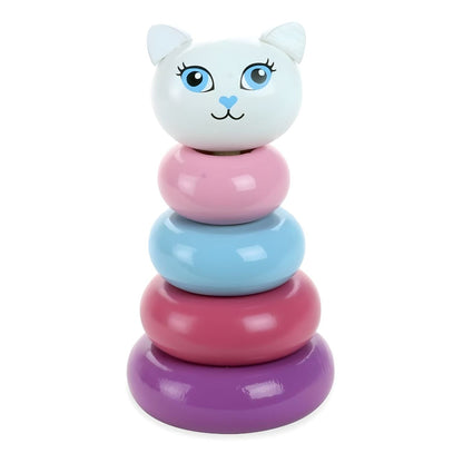 Torre apilable Gata Kitty de Vilac con aros rosa, azul y lila y cabeza de gata blanca