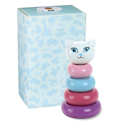 Torre apilable Gata Kitty de Vilac con aros rosa, azul y lila y cabeza de gata blanca