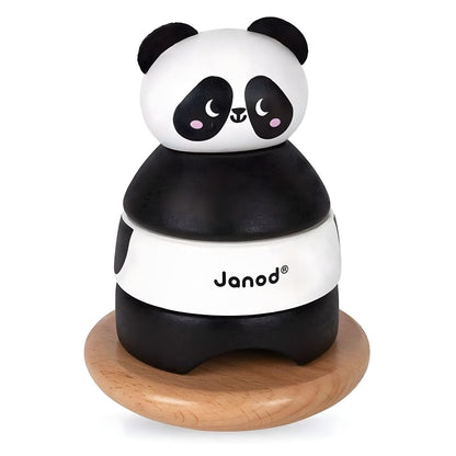 Torre de apilamiento de madera Panda Janod en blanco y negro sobre base redonda