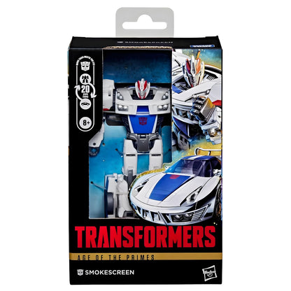 Embalagem frontal do Transformers Smokescreen Age of the Primes Deluxe, com indicação 8+