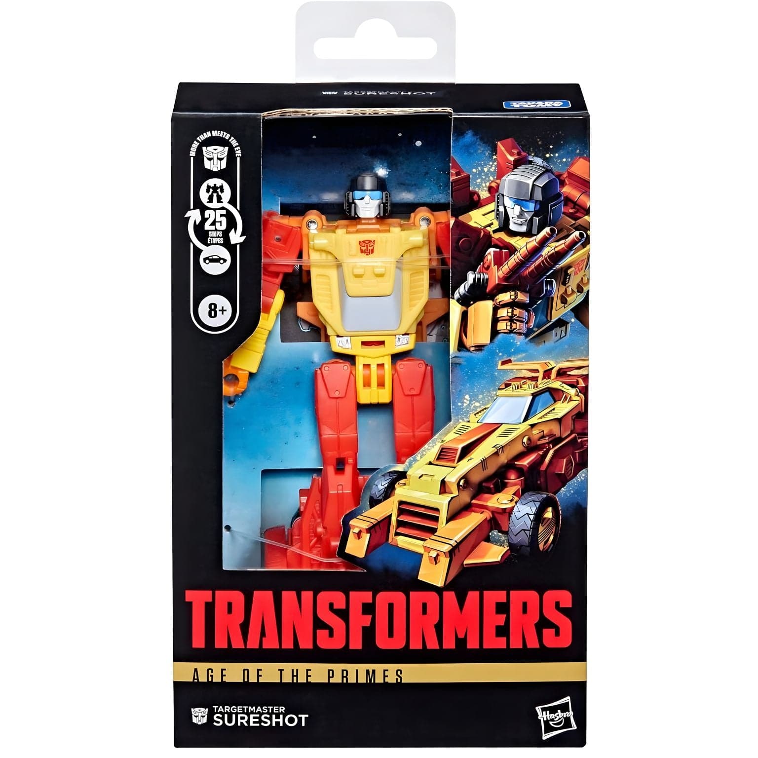 Transformers Age of the Primes Sureshot em modo robot e veículo com cores vermelha, amarela e laranja