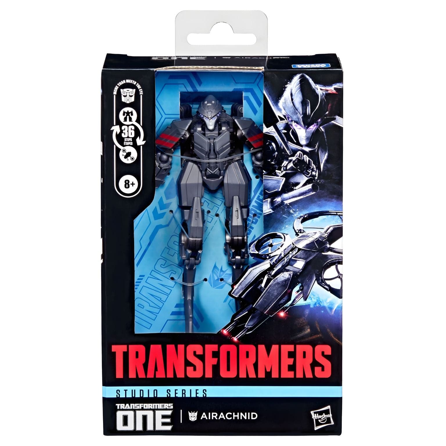 Transformers Studio Series Airachnid figura cinzenta em modo robô e modo drone na embalagem