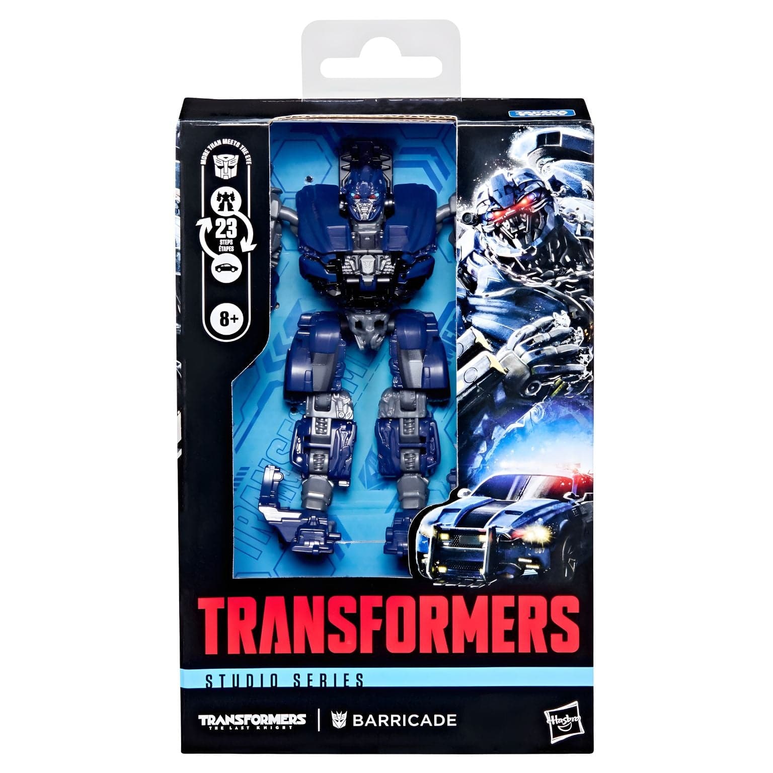 Transformers Studio Series Barricade em modo carro da polícia azul e modo robô inspirado no cinema