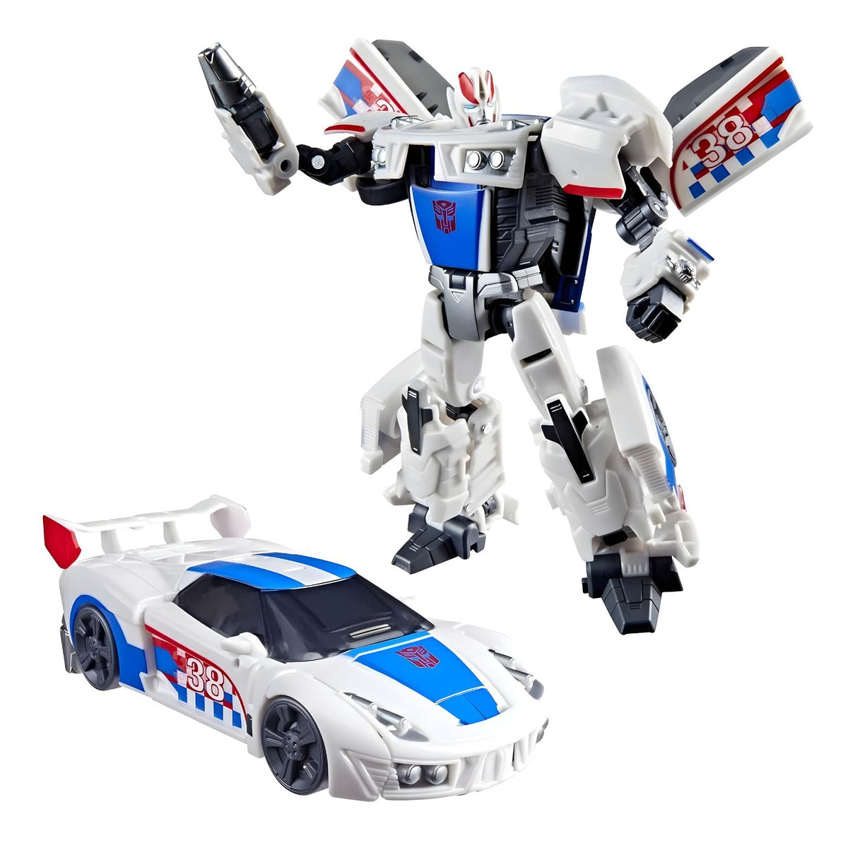 Smokescreen em modo robô e carro desportivo branco e azul com o número 38