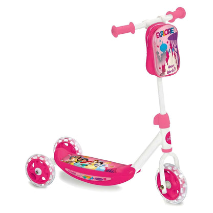Patinete de 3 Ruedas de las Princesas Disney rosa con ilustraciones de las princesas y manillar blanco