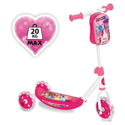 Patinete de 3 Ruedas de las Princesas Disney rosa con ilustraciones de las princesas y manillar blanco