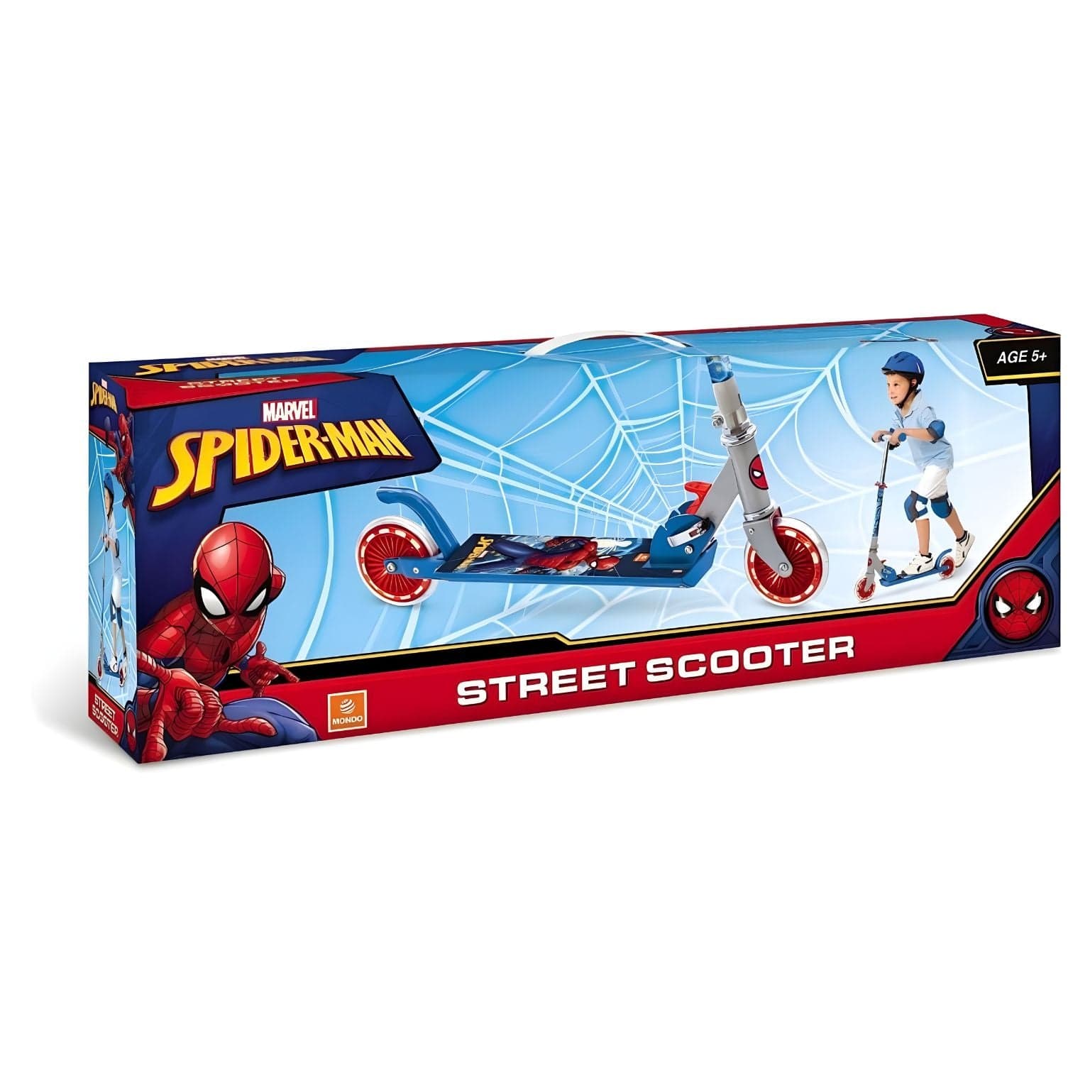 trotinete de 2 rodas do Homem Aranha azul e vermelho com ilustração Spider-Man