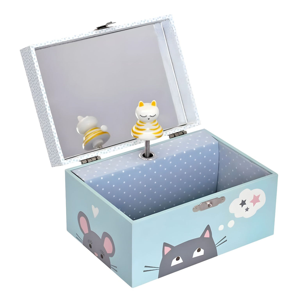 Joyero musical Gato Bailarín abierto, con espejo y figura de gato blanco con rayas amarillas