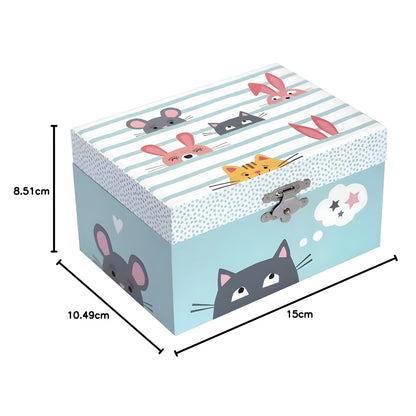 Caja Gato Bailarín cerrada, con medidas indicadas en la imagen: 15 × 10,49 × 8,51 cm
