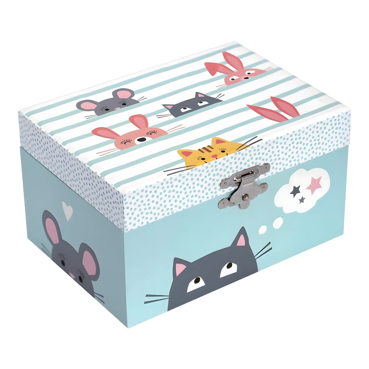 Caja Gato Bailarín cerrada, con tapa de rayas, ilustraciones de gatos, conejos y ratón, y cierre metálico