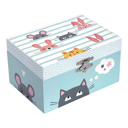 Caja Gato Bailarín cerrada, con tapa de rayas, ilustraciones de gatos, conejos y ratón, y cierre metálico