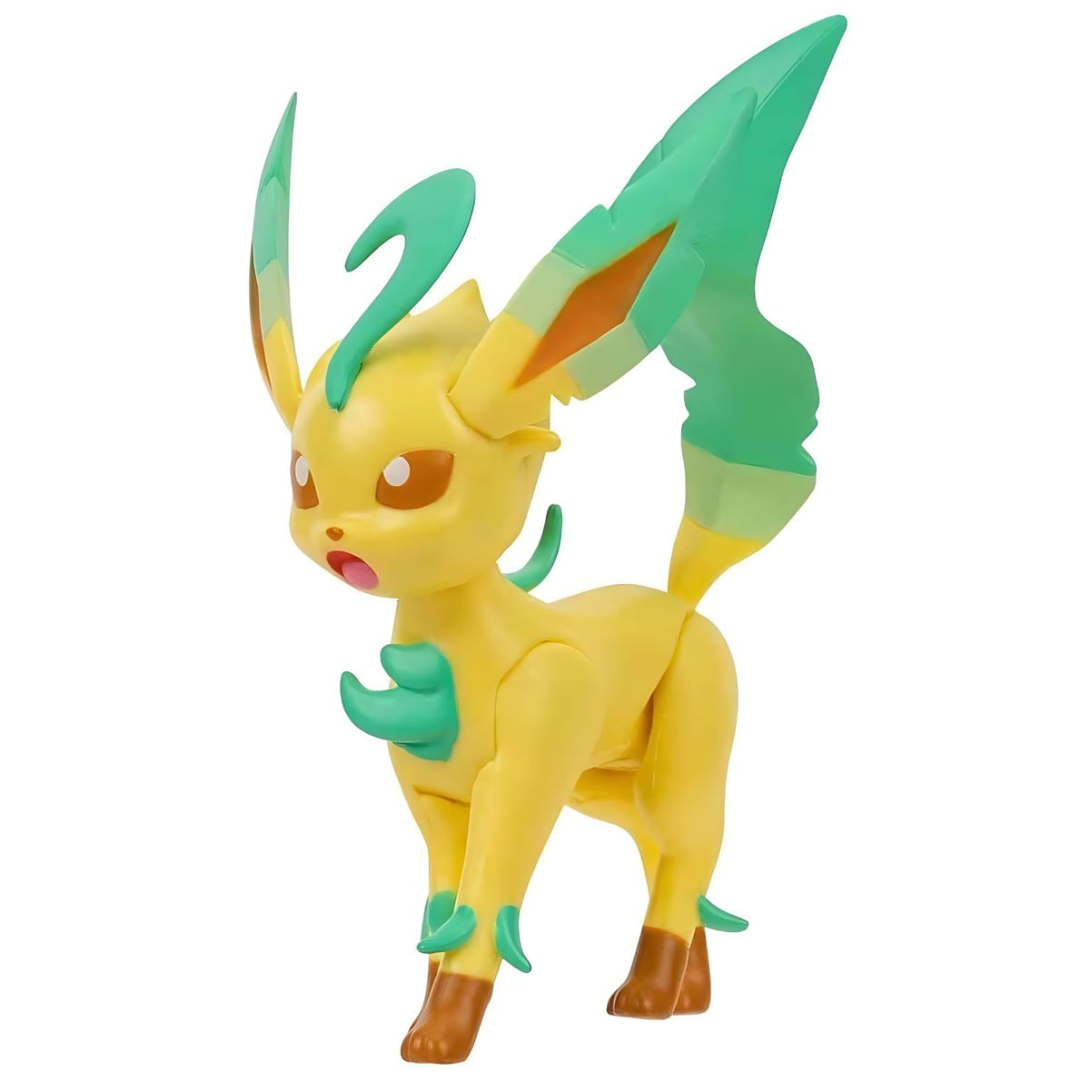 Figura Pokémon Leafeon com cauda em forma de folha e detalhes verdes