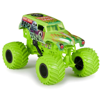Monster truck Grave Digger verde, vista de frente em diagonal
