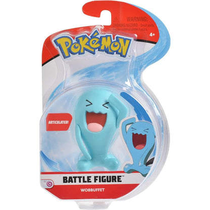 Figura de batalla Pokémon Wobbuffet azul con brazos levantados en embalaje oficial